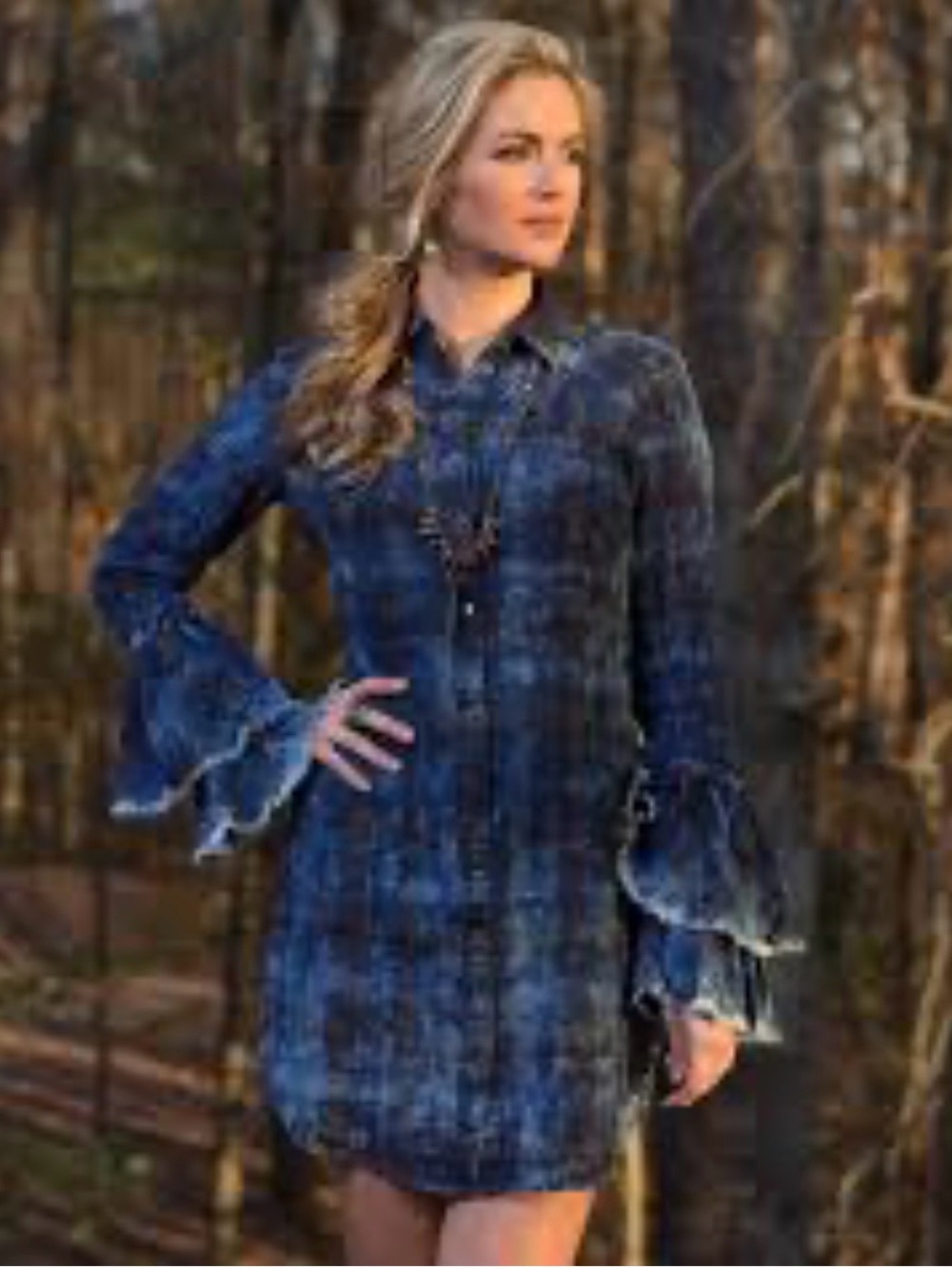Blue Plaid Long-Sleeve Shirt Dress with Ruffle Cuffs
